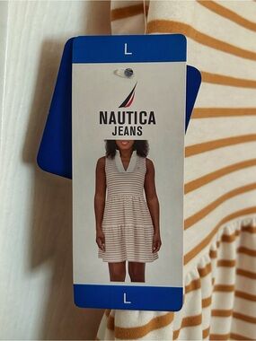 NWT Nautica Jeans Striped Sleeveless Shift Dress Almond Ivory Knit Size L V-Neck